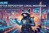 Ilustrasi maskot Resolute Raccoon untuk daftar Repository Indonesia Ubuntu 26.04 LTS di Nugi.Biz